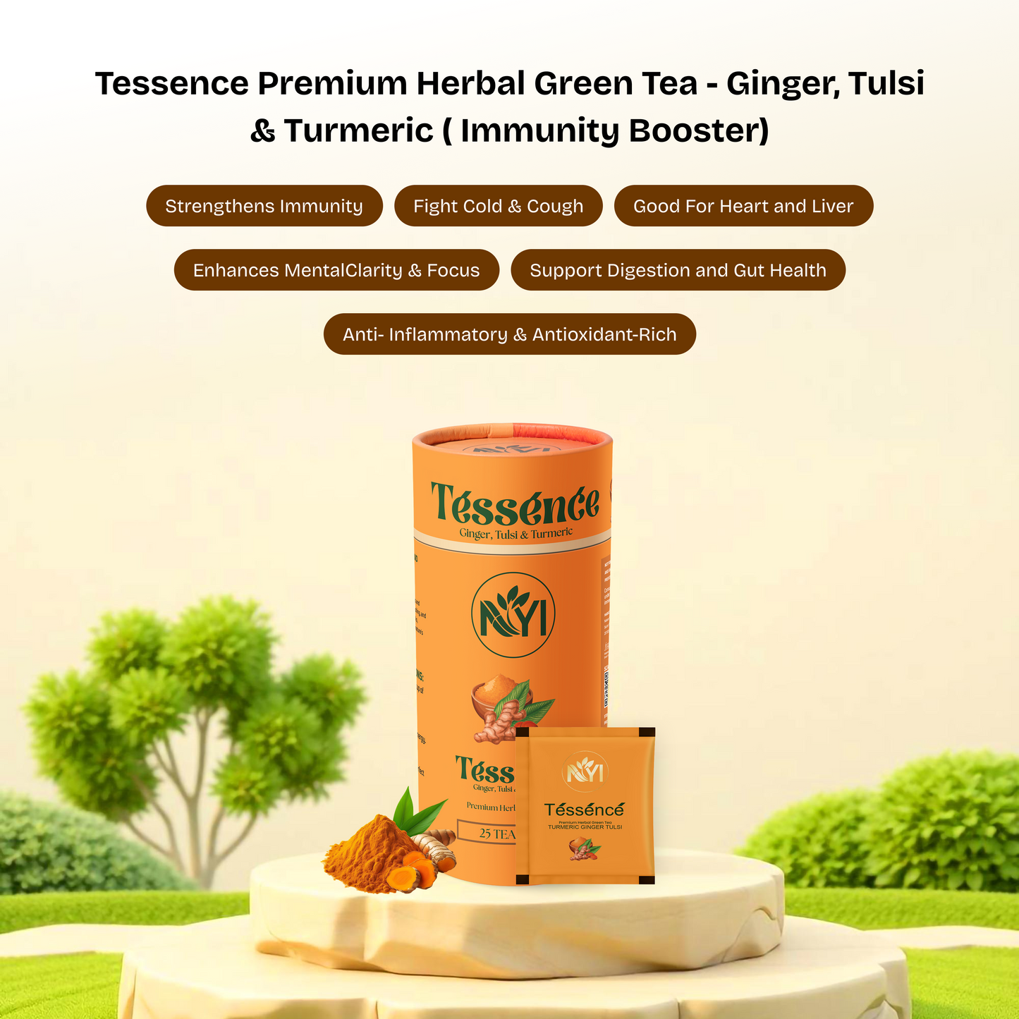 Tessence Premium Herbal Green Tea - Ginger, Tulsi & Turmeric( Immunity Booster) (Retail Friendly Pack - 25 Tea Bags)