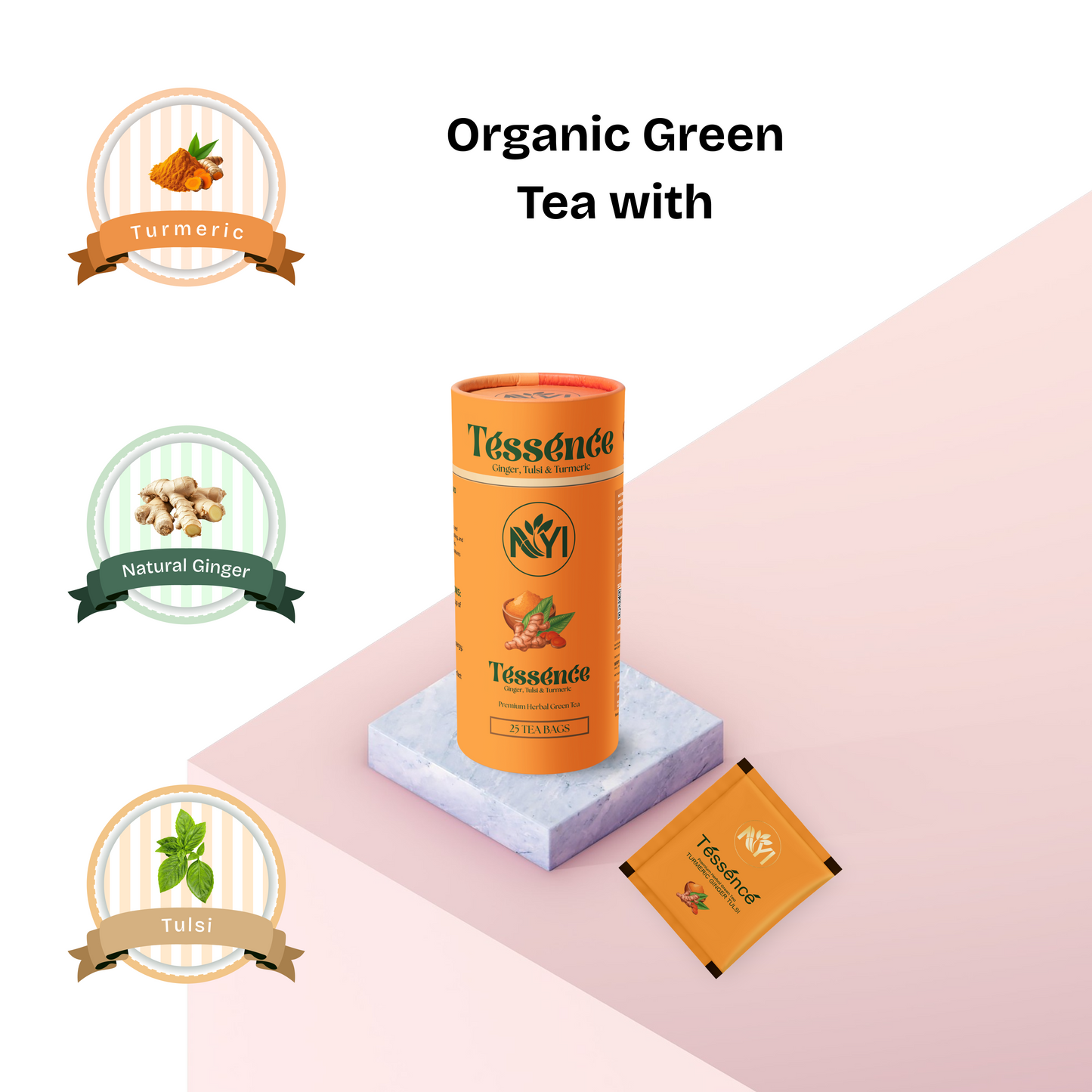 Tessence Premium Herbal Green Tea - Ginger, Tulsi & Turmeric( Immunity Booster) (Retail Friendly Pack - 25 Tea Bags)