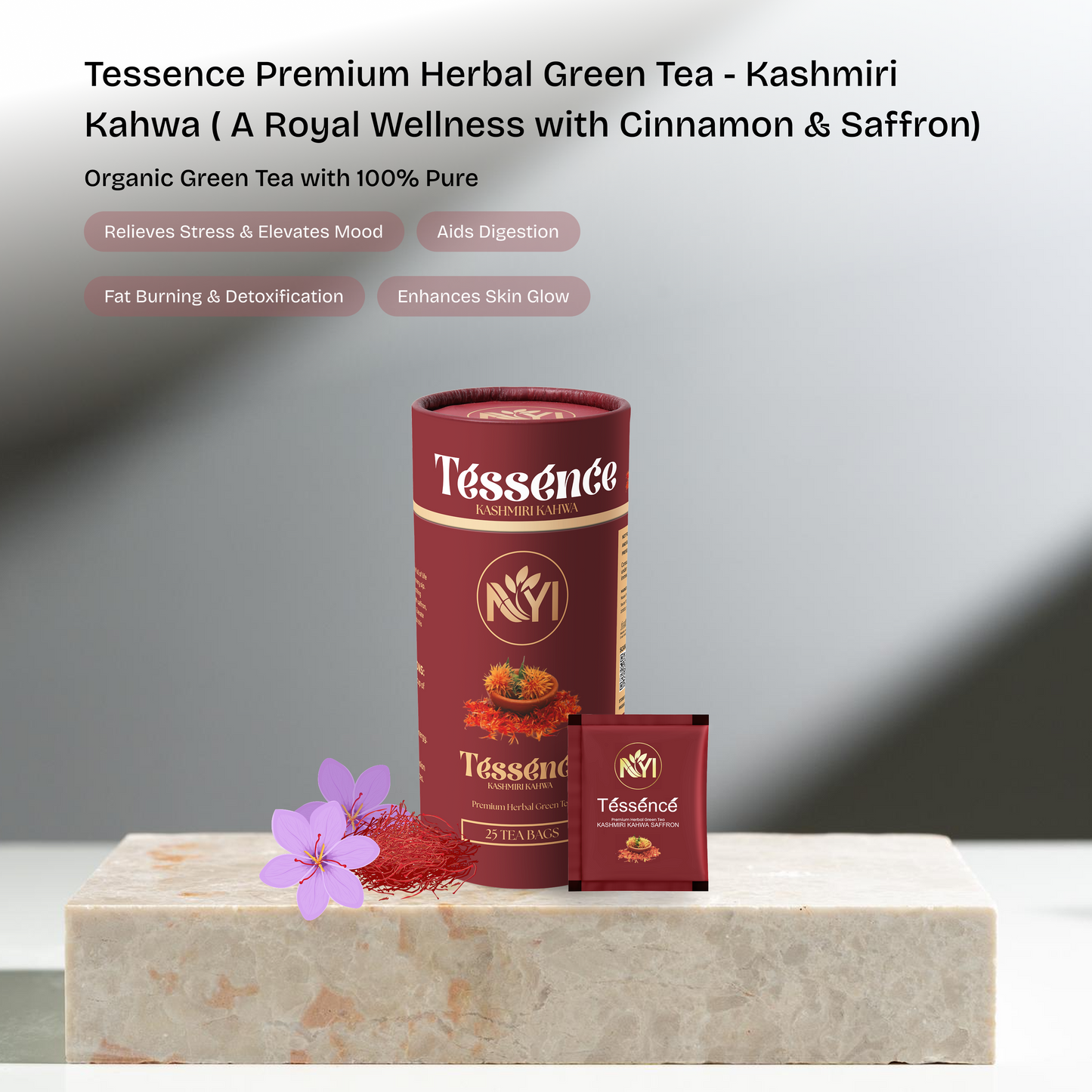 Tessence Premiuim Herbal Green Tea - Kashmiri Kahwa ( A Royal Wellness with Cinnamon & Saffron) (Retail Friendly Pack - 25 Tea Bags)