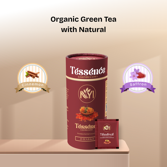 Tessence Premiuim Herbal Green Tea - Kashmiri Kahwa ( A Royal Wellness with Cinnamon & Saffron) (Retail Friendly Pack - 25 Tea Bags)